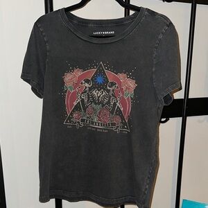 Lucky Brand Dark Gray Tee with Skeleton and Rose Design